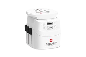 SKROSS | 1.302472 | Adaptateur de Voyage Universel 2 et 3 pôles avec 1 x USB C 3.0 A et 1 x USB A 2.4 A. Tension et Puissance : 100V–700W/250V–1750W. Protection Contre Les Chocs électriques