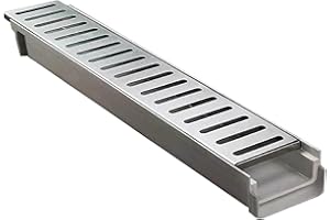VIBEO Caniveau Exterieur Système de Drainage de Tranchée Linéaire, Caniveau avec Grille en Acier Inoxydable, Tranchée de Drainage en Résine, Crépines D'eau de Pluie pour Garage de Jardin(W10cm(4")xH6cm(2 3/
