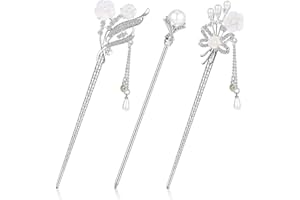 MCISKIN 3 sztuki chińska spinka do włosów, japońska spinka do włosów, pałeczki do włosów, dla kobiet, perła, kryształ górski, kwiaty, akcesoria do włosów, vintage, frędzle, ręcznie robiona biżuteria dla dziewcząt (tradycyjny styl)