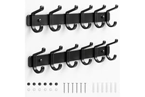 pickpiff Coat Rack Wall Mounted Heavy-Duty: Metal Coat Hanger 6 Hooks for Hanging Hat, Clothes, Robe, Keys, Backpack, Bathroom Towels, Jacket, Purse - Closet, Door, Entryway, Mudroom (Black, 2 Pack)