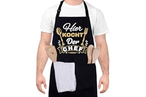 Livdouyu Lustige Kochschürze für Männer, Grillschürze für Männer HIER KOCHT DER CHEF Professionelle Grillschürze Chefkoch Ehemann Küchenschürze mit Doppeltasche Verstellbar Geburtstagsgeschenk