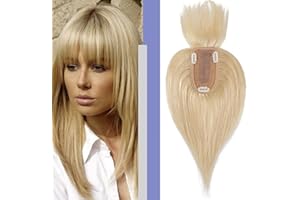 Elailite Lace Hair Topper Donna con Frangia Extension Capelli Veri Clip 40cm 48g Protesi Toupee Toupet Silk Base 7cm*13cm 100% Remy Human Hair 150% Density - 613# Biondo Chiaro