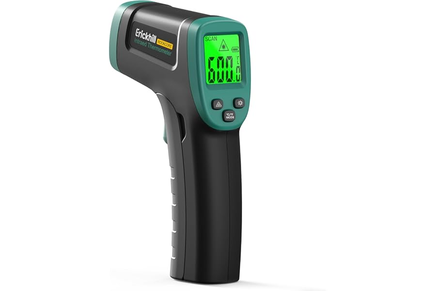 ERICKHILL Infrared Thermometer -50℃~600℃ Adjustable Emissivity Non-Contact Laser Thermometer Gun LCD Backlit Digital Display -Compact Size for Vehicle Repair/Cooking/BBQ/Freezer/Food, Dark Gree