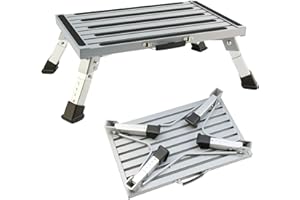 JAOGAUS Taburete plegable de aluminio de altura ajustable, escalera portátil de un solo paso con asa y alfombrilla antideslizante para caravana, autocaravana, SUV, camping, autobús y reposapiés con película