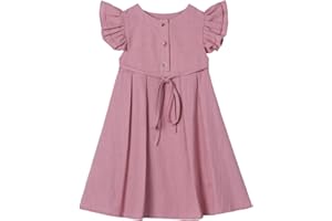 Ugitopi Little Girl Flutter Sleeve Cotton Linen Dress Toddler Kids Double Ruffle Casual Dresses