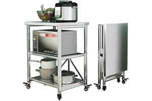 AMSXNOO QJSZMEI Scaffalatura a 3 Ripiani, Ripiegabile Acciaio Inox Carrello Scaffale Carrello da Cucina con Ruote, Carrello di Servizio per Ristoranti Hotel Microonde (Taglia : 60X45X80CM)