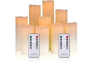 YIWER Bougies LED, Φ2.2inx4''5''6''7''8''9'' Ensemble de 9bougies en cires véritable, et une télécommande à 10 touches avec fonction minuterie 2/4/6/8 heures, + de 300 heures d'utilisation.
