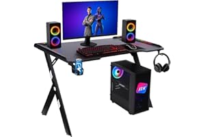 NK Mesa Escritorio Gaming con LED (120X60cm) - Portavasos y Botellas, Soporte para Auriculares/Cascos, Gestión de Cables, Gaming Desk, Tabla 1.5cm (Resistencia) Peso Máximo Soportado 100kg