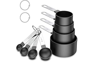 JUNE TECH Measuring Cups and Spoons Set of 8 Pieces, Nesting Measuring Cups for Measuring Dry or Liquid Ingredients, Small Teaspoon with Plastic Head for Cooking Kitchen (Black)