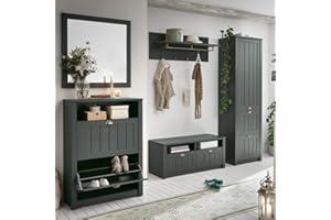 Lomadox Landhaus Garderobenmöbel Komplett-Set in englisch grün, Garderobenset: Schuhschrank, Schuhbank, Spiegel, Garderobenpaneel, Garderobenschrank mit Schubkästen