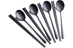 Buyer Star 4 Ensembles coréens Baguettes coréennes cuillères en Acier Inoxydable Noir cuillère Service pour 4 Personnes