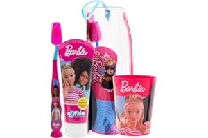 MR.WHITE BRUSH YOUR WAY Barbie Kids Toothbrush Set - Soft-Bristle Toothbrush with Suction Cup & Protective Cap, Mint-Flavoured Toothpaste, and Multi-Purpose Beaker | Travel-Ready Oral Care Kit for Children Ages 3+