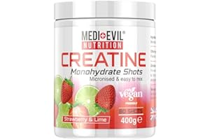 Medi-Evil Nutrition Creatine Monohydrate Shots Powder Vegan Friendly, Strawberry and Lime Flavour, 400g, 80 Servings, Micronised for Easy Mixing (Pack of 1 Tub)