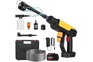 VULAOP Limpiador de alta presión con batería, 21 V, 70 bar, con 2 baterías de 15000 mAh, boquilla multifunción 6 en 1, manguera de 5 m, limpiador de alta presión portátil para coches, terrazas, ventanas,