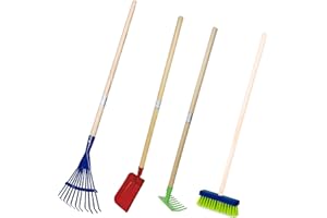 Land-Haus-Shop Kinder Gartengeräte Set 4 TLG, Besen Harke Rechen Schüppe Garten Geräte Spielzeug