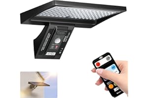 JESLED Luz Solar Exterior con Control Remoto, 104LED Focos Solares, 5200 mAh, IP65 Impermeable, 3 Colores, 4 Modos con Sensor De Movimiento para Jardín, Garaje, Camino