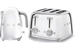 Smeg 50’s Style Retro Range Breakfast Set, 1.7L 3000W Kettle and Multi-Functional Control 4-Slice 2000W Toaster, Polished Stainless Steel, KLF03SSUK/ TSF03SSUK