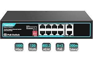 YuanLey 8 Port Gigabit PoE Switch, 8 PoE+ Port 1000Mbps, 2 Gigabit Uplink, 802.3af/at 120W, Metal No Gestionado Plug and Play Conmutador de Red