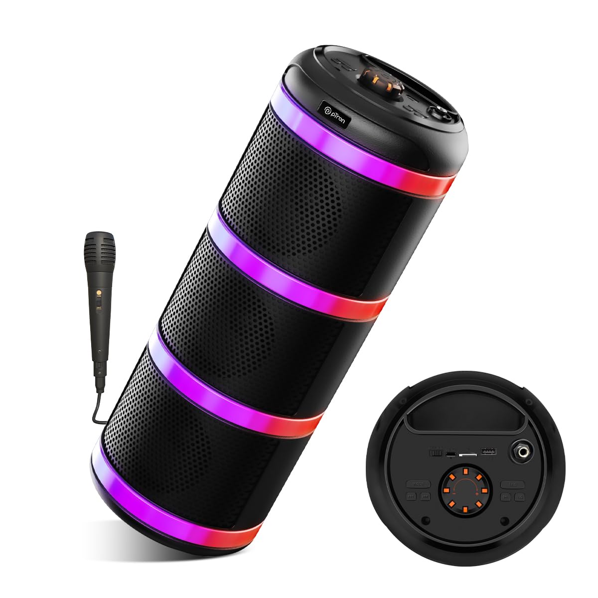 pTron Fusion Theatre V2 60W Karaoke Bluetooth Party Speaker with Punchy Stereo Sound, Rhythmic RGB Lights, 3mtr Karaoke Wired Mic, 5 Equalisers, BT/USB/SD Card Playback & Type-C Charging (Royal Black)