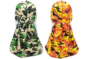 CAMELLIASS 2PCS Camouflage Silky Durags for Men Women, Long Tail Durag 360 Waves Headwraps Cap Pirate Bandanas Turban