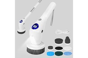 Spazzola Elettrica Rotante per Pulizia, Seutgjie Electric Scrubber con Lampada LED 8 Teste di Spazzola Trapano 3 Modalità Maniglia Regolabile per Bagno Cucina Piastrelle Pavimento e Auto
