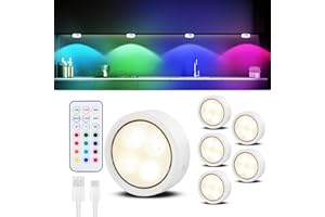 MIAOLIAN Rechargeable Battery Operated RGB Puck Lights with Remote,6 Pack Dimmable Wireless Led Under Cabinet Kitchen Lights ,Wardrobe,Display,Closet,shelf,Cupboard Push lights,Magnetic Lamp Stick on Wall