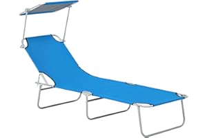 Outsunny Outdoor Foldable Sun Lounger, 4 Level Adjustable Backrest Reclining Sun Lounger Chair with Angle Adjust Sun Shade Awning for Beach, Garden, Patio, Bright Blue