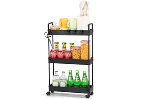 FoiiLiio Rollwagen Schmal,Küchenwagen mit 3 Ebenen,Nischenregal auf Rollen,Küchenregal,Nischenregal,Küchenwagen schmal,für kleine Räume,Küche,Bad,38.8 x 12.5 x 65 cm,Schwarz