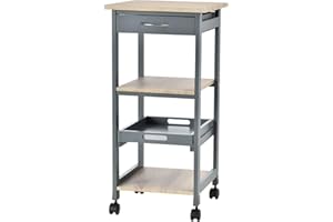 HOMCOM Carrello da Cucina Portavivande con Cassetto, 2 Ripiani e Vassoio Estraibile, Isola da Cucina in Legno 37x37x76cm, Grigio