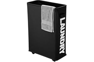 IHOMAGIC Slim Rolling Laundry Basket with wheel, Thin Laundry Basket Dirty Clothes Sorter Organizer Collapsible Storage Hamper Laundry Bin For Bedroom, Laundry Room, 15.3x 7.3x 22.8IN, 41L, Black