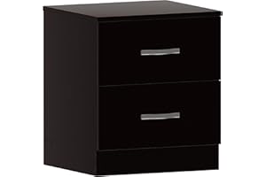 Vida Designs Large Black Bedside Cabinet, 2 Drawer With Metal Handles and Runners, Unique Anti-Bowing Drawer Support, Riano Bedroom Furniture