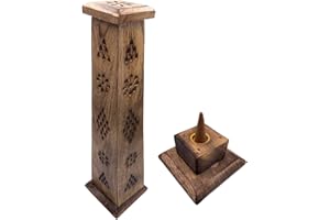 SNADI Support encens (encensoir) Tour en Bois sculpté à la Main en Inde - Design Exclusif et Unique. 30x8x8 cm - Poids 190 g. Porte-encens en Bois