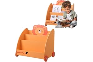 Navaris Libreria Bambini Portagiochi 3X Scaffali - Scaffale Porta Libri Giochi Bimbo 3X Livelli - Organizer Cameretta Moderno 4X Ruote - Giochi Montessori - Design Leone Giallo
