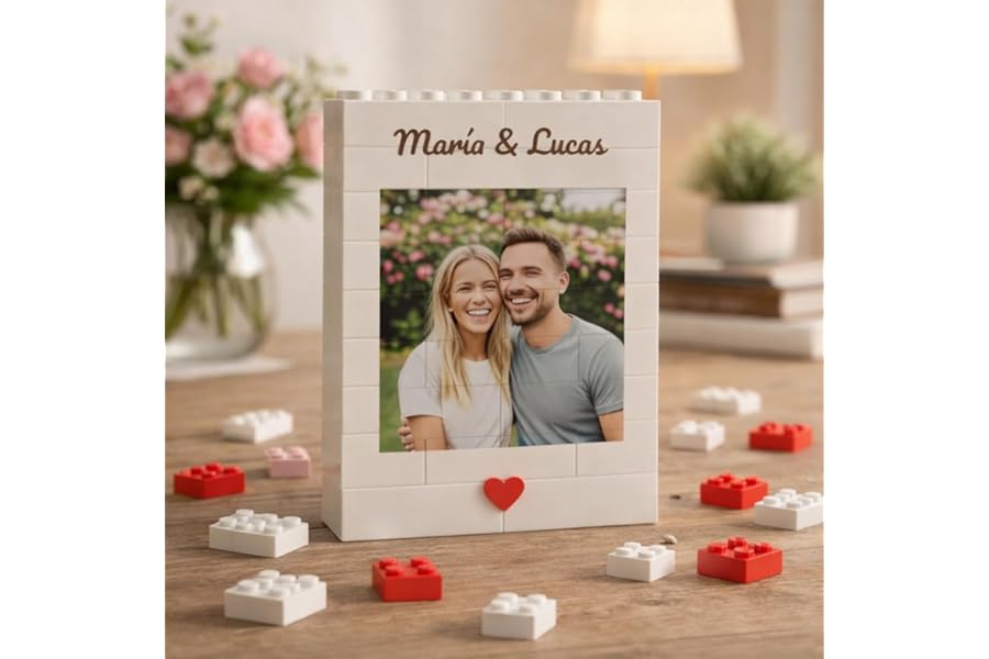 Custom Building Brick Photo Frame, Personalised Couple’s Picture Block Puzzle with Name & Date, Building Block Keepsake Home Décor for Couples & Family, Anniversary & Valentine’s Day Gift for Him or H