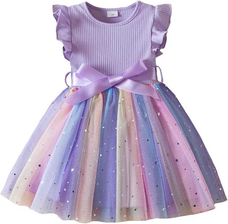 UUAISSO Vestito in Tulle Bambina Senza Maniche con Volant Ricamo Floreale Cielo Stellato Abiti Sfumati Vestiti per Bambina