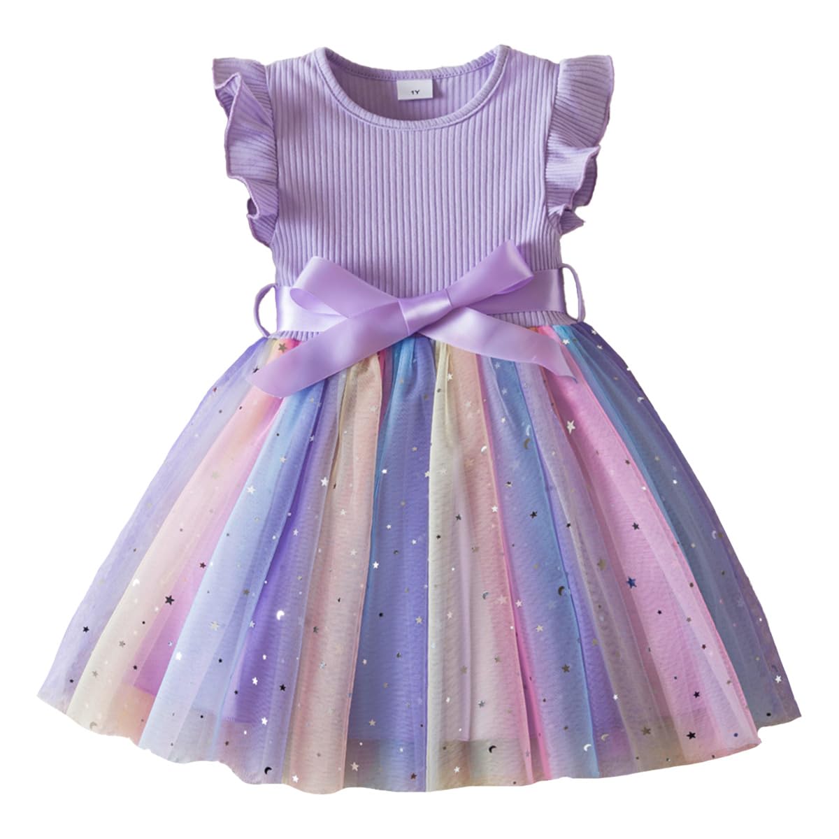 Robe Tulle pour Petite Fille Robes Bébé Fille sans Manches à Volants Broderies Florales Dégradé Ciel étoilé - 1