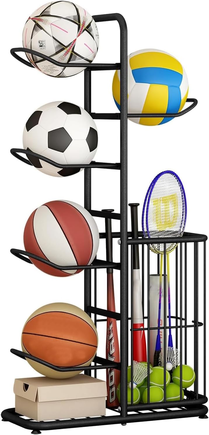 Estante de almacenamiento de pelotas, estante de fútbol de 5 niveles, exhibidor vertical de pelotas, almacenamiento de baloncesto independiente con canasta, adecuado para voleibol, baloncesto, fútbol