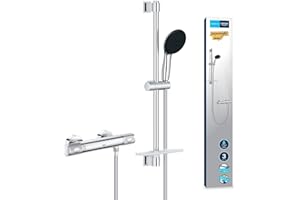 GROHE Precision Feel, Duschset mit Thermostat wassersparend, 8l pro Min (Duscharmatur hält Temperatur konstant, Duschkopf 3 Strahlarten, 1,75m Schlauch, Duschstange 60cm, 3in1 Tool), chrom, 34791001