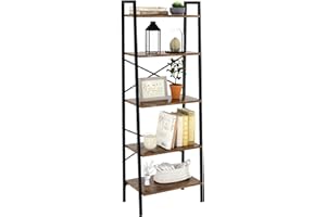 Oak & Tea Ladder Shelf, Ladder Bookcase, 5-Tier Bookshelf, X-Brace Support, 172 cm, Steel Frame, Industrial Style, for Home Office Study Living Room Bedroom, Rustic Brown+Black