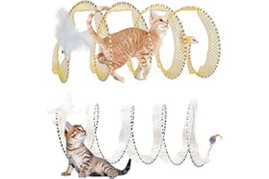 AVYDIIF Cat Tunnel Spring Toy 2 Pcs Teaser Stick Collapsible, Kitten Play Tunnel With Feather Mouse Toys for Hunting - Suitable for Cats, Kittens, Rabbits, Puppies