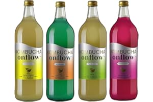 Kombucha Natural Onflow, Té Kombucha Sin Azúcar, Sabores: Jenjibre-Limón, Té Verde, Mango-Remolacha, Melón-Espirulina, Pack 4 Botellas x 1L