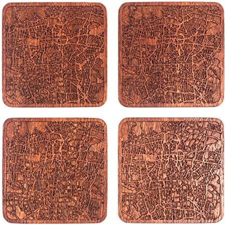 Tehran Map Coaster, Set of 4, Sapele Wooden Coaster with City Map, Handmade