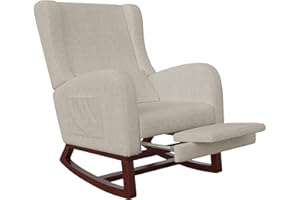 ‎BLSYHDH BLSYHDH Rocking Chair with Leg Rest, Outdoor Wooden Rocking Chair with Backrest, Nursing Chair for Bedroom with Lumbar Cushion & 2 Side Pockets, Living Room, Balcony (Frosted Velvet, Beige)