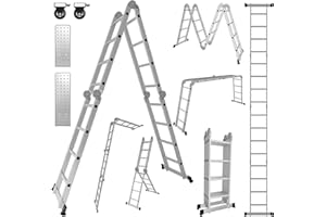 Ikodm Scala multiuso 4 x 4 gradini 4,7 m, 7 in 1, in alluminio, fino a 150 kg, con 2 ruote per il trasporto e 2 piattaforme, scaletta pieghevole in alluminio