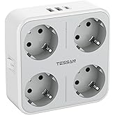 TESSAN Ladron Enchufes Plano con USB C, Enchufe Multiple 4 Schuko con 3 USB, Cargador Multiple 4000W, 7 en 1 Ladron con Inter