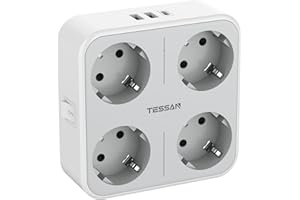 TESSAN Ladron Enchufes Plano con USB C, Enchufe Multiple 4 Schuko con 3 USB, Cargador Multiple 4000W, 7 en 1 Ladron con Interruptor, Regleta Pared para Oficina, Cocina, Gris