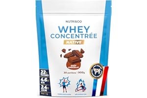 NUTRI & CO Whey Concentrate Native - Jusqu’à 80% de Protéines - Pur Lait Français Low Lactose Digestion Facile - Riche en BCAA - Prise de Masse & Musculation - 900g 30 portions goût Chocolat