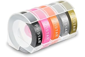 Pristar Compatible Dymo Embossing Tape Replacement for Dymo Omega Label Tape 9mm Black Fluorescent Pink Orange Gold Silver for Dymo Omega S0717930 Junior S0717900 Motex Embossing Label Maker, 5 Rolls