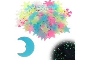 QOWIJEX 151 Pezzi Stelle Fluorescenti Adesive Soffitto, 3D Stelle e Luna Luminose da Parete Decorazione per Camera di Bambini, Stelline Adesive Luminose Colorate per Cameretta,Fiocchi di Neve