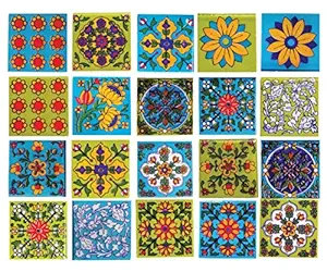 Shiv Kripa Blue Pottery Ceramic Wall Tile Interior Exterior Crafted Tabletop Flooring Wall Floral Ethnic Traditional 2 x 2 inch Tiles Pack of 20 Tiles (Green, Sky Blue & Multi)